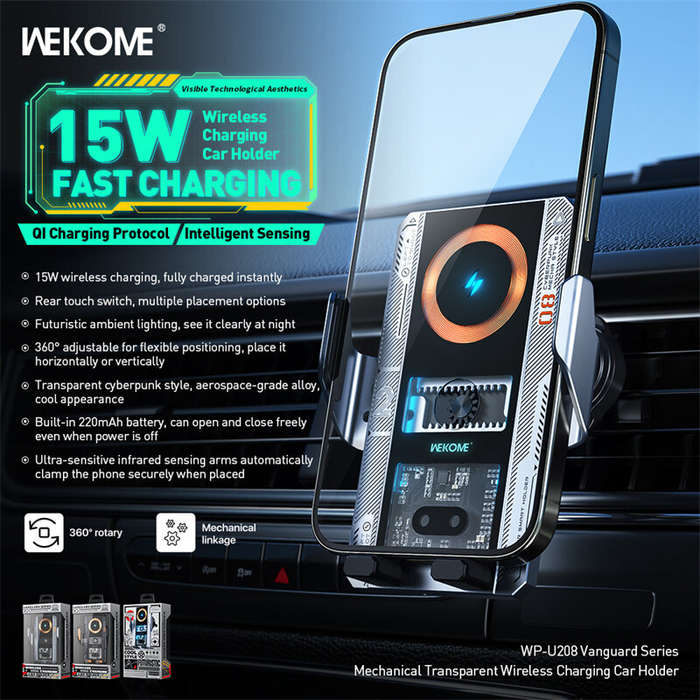 Black - WEKOME WP-U208 15W Car Transparent Magnetic Wireless Charging Stand 360 Adjustable Automatic