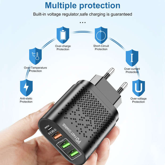 Black - USLION 375-PD PD20W 4-Port USB PD Charger 3USB-A+USB-C PD QC3.0 Support AFC FCP Fast Chargin