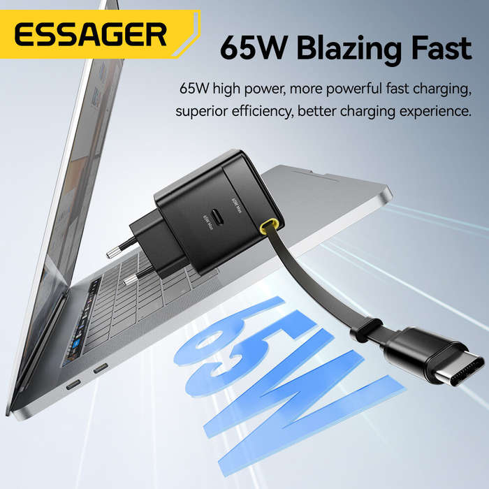 US Plug - [GaN Tech] ESSAGER G652CE 65W 2-Port USB PD Charger Type-C+Type-C Retractable Cable Suppor