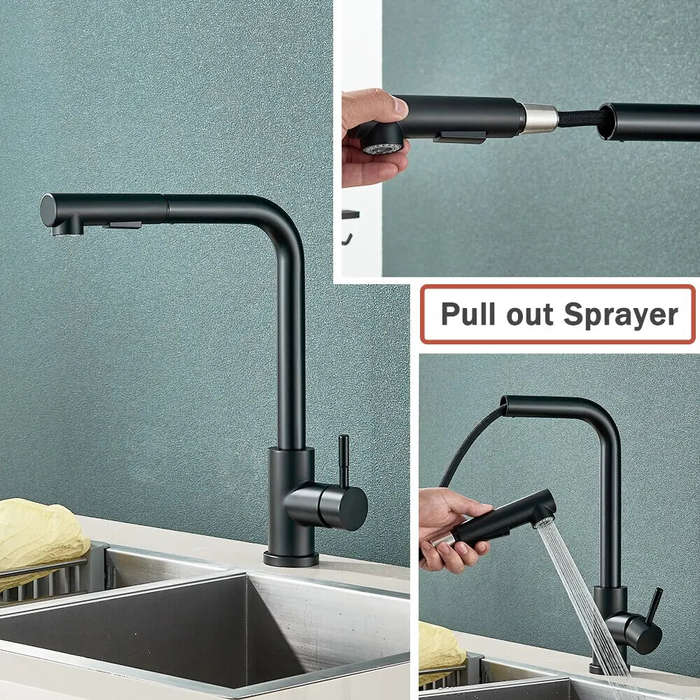 Black - 304 Stainless Steel Pull-out Faucet with 2 Modes Pull Out Kitchen Sink Faucet Stainless Stee