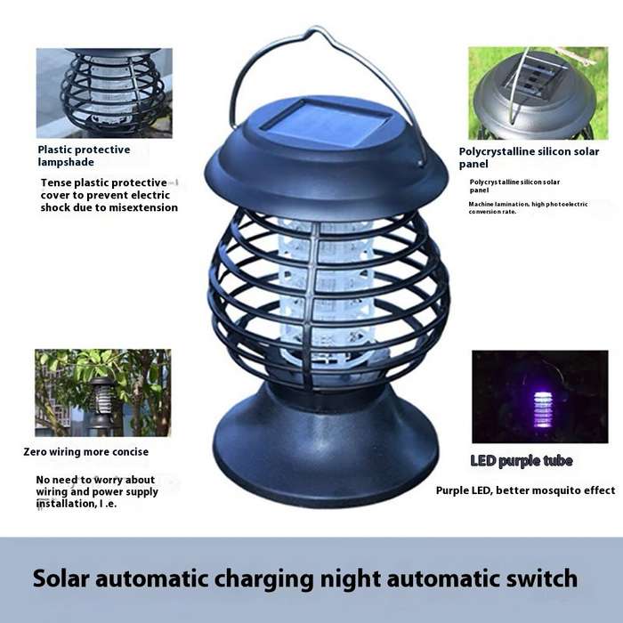 Black - Solar Powered Mosquito Killer Lamp IP65 Waterproof Auto On/Off Portable Outdoor Bug Zapper