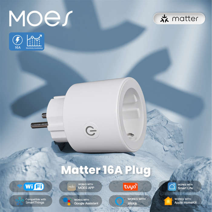 White - MOES Tuya Smart Matter Plug WiFi Socket 16A Outlet Power Monitor Remote Control Voice Contro