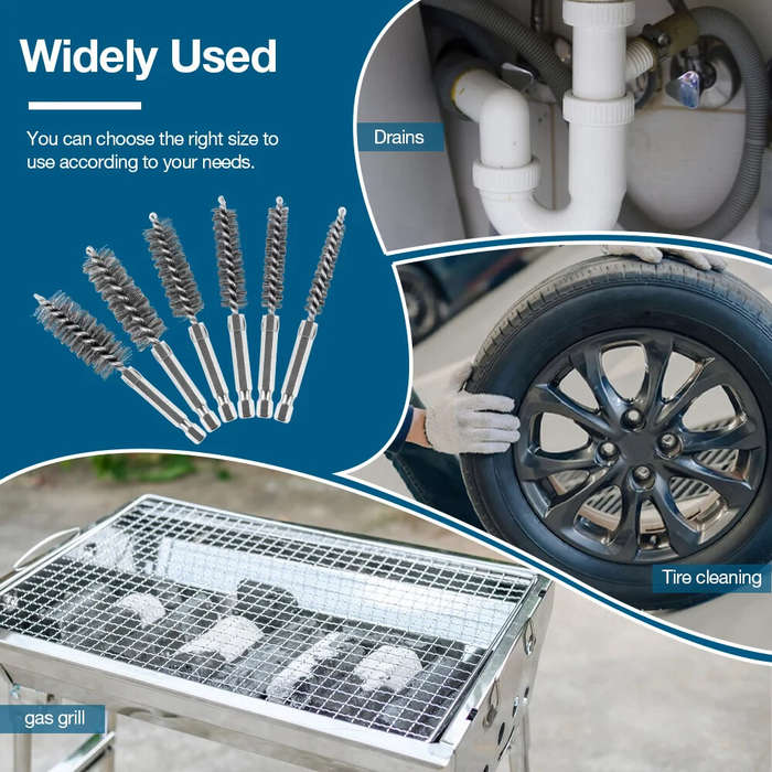 6pcs - Premium Stainless Steel Bore Brush Set 6 pcs Silver Straight Wire Bristle for Drill Efficient