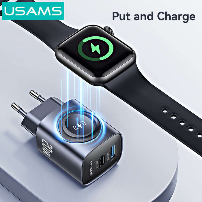 Black - [GaN Tech] USAMS CC293 T67 20W 2-Port USB PD Charger with iWatch Wireless Charging Function