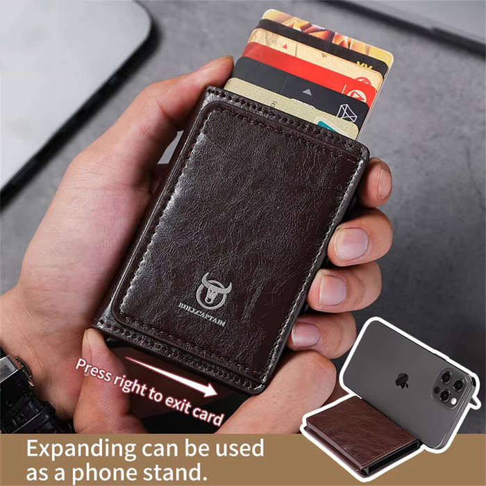 Brown - BULLCAPTAIN Men's Mobile Phone Holder Card Holder RFID Blocking Leather Wallet Aluminium Box