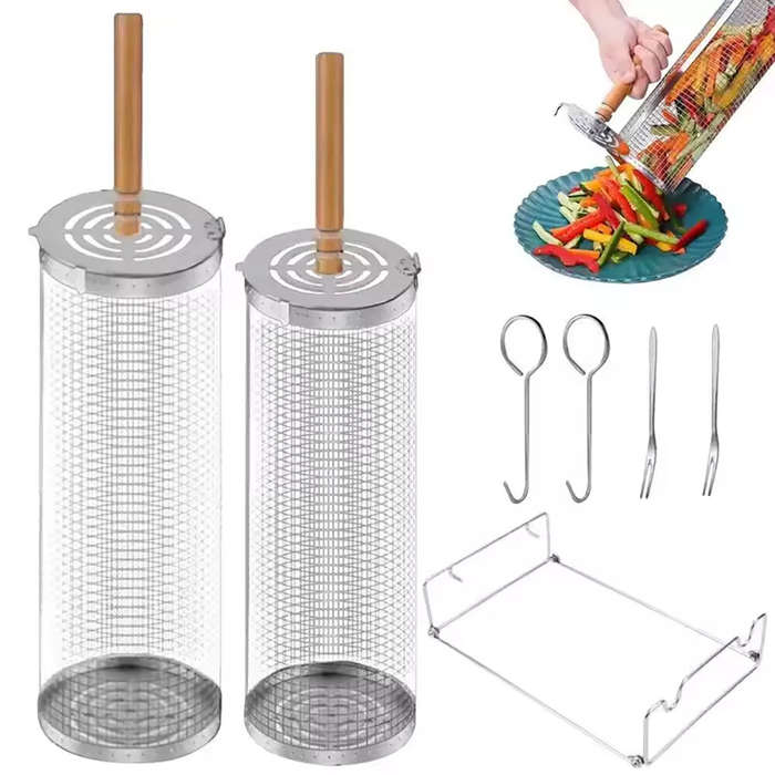 Type A - BBQ Grill Basket Round BBQ Cage Outdoor BBQ Smoking Cage Portable BBQ Net Rotating Drum Sta