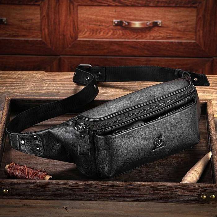 Coffee - BULLCAPTAIN Men's Genuine Leather Fanny Bag Adjustable Strap Waist Bag Retro Crossbody Ches
