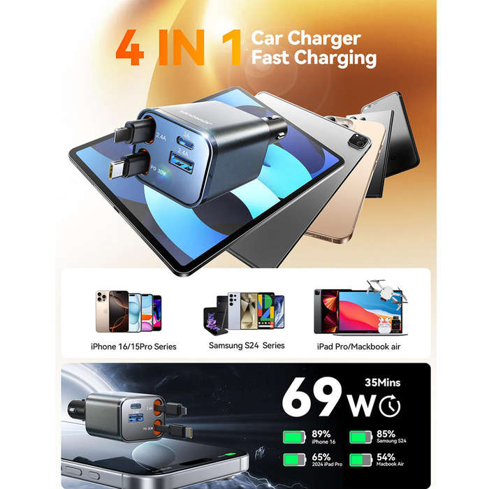 Black - 4 in 1 Retractable Car Charger Adapter 69W 180 Rotatable Car Charger USB C Fast Charging for