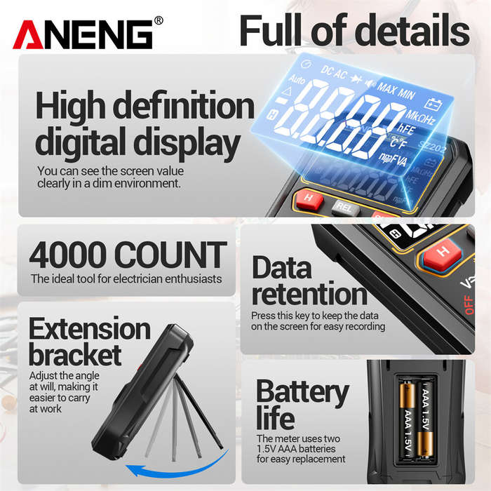 Black - ANENG SZ202 Smart Digital Multimeter 4000 Counts Auto Range AC DC Voltage Current Resistance
