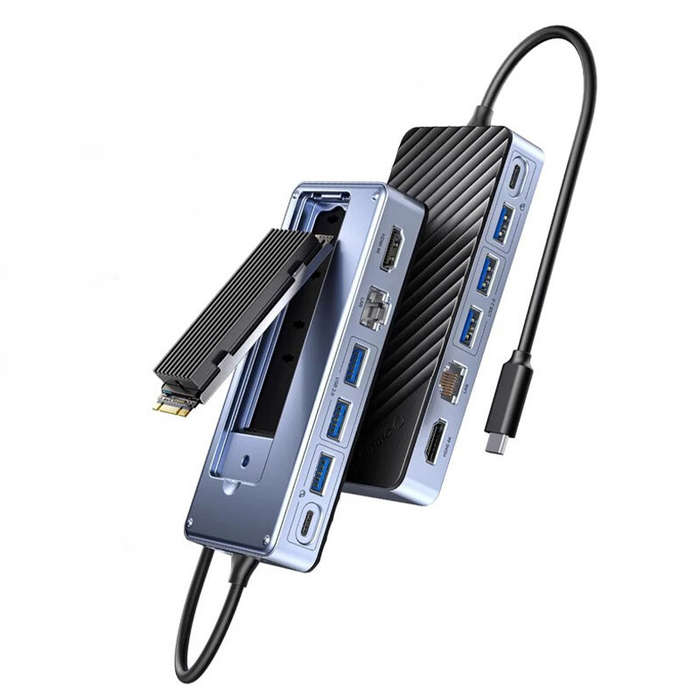 Grey - ORICO 8-in-1 USB-C Hub with M.2 NVMe SATA SSD Enclosure Laptop Docking Station Adapter with H