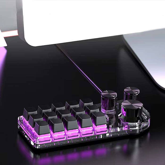 Black - 15-Keys Programming Custom Macro Mechanical Keyboard with Three Knobs Tri-mode Wireless blue