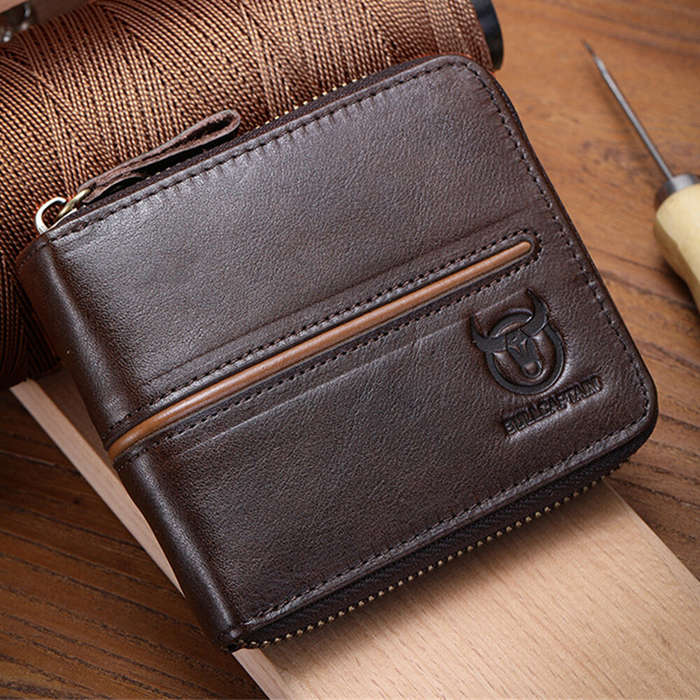 Black - BULLCAPTAIN Men's Genuine Leather Wallet Horizontal Zipper Multi-card Design Business Card H
