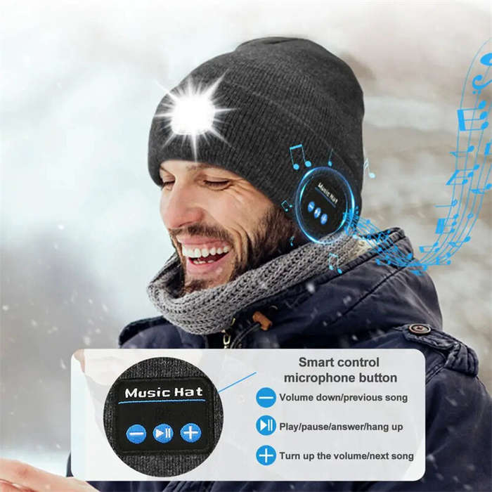 Black - LED Light Bluetooth Beanie Unisex Warm Knitted Beanie 3 Light Modes Waterproof Rechargeable