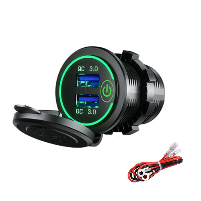 Green - 12-24V QC 3.0 Fast Dual USB Charger Touch Switch Waterproof Accessory For Motorcycle Car Tru