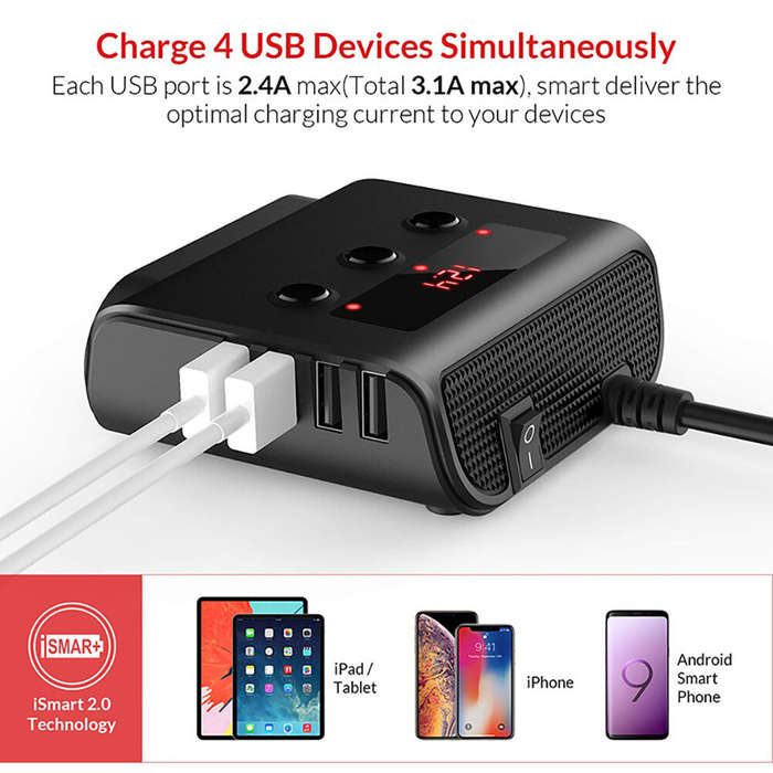 Black - 120W 3Socket Car Charger Adapter 4USB Car 12V/24V Car Socket Splitter with Voltage Monitor D