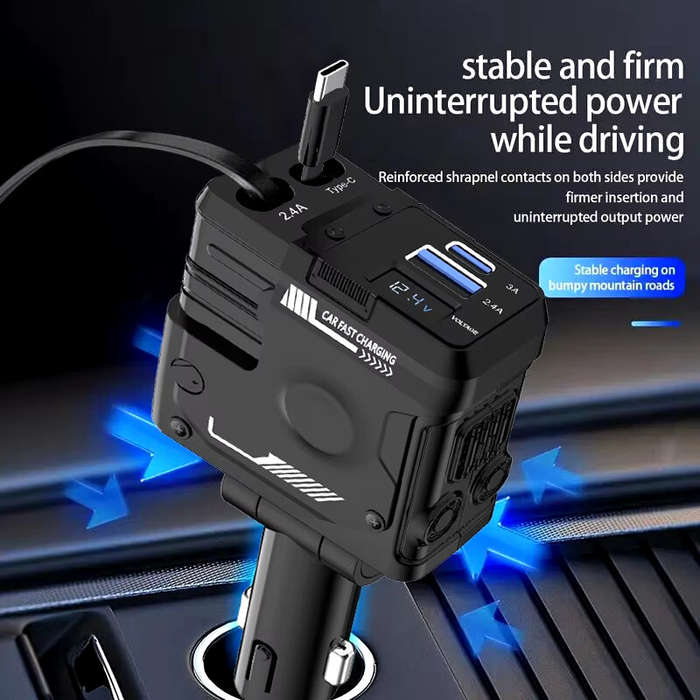 Black - A1 4-in-1 Retractable 120W 2-Port USB PD Car Charger with iP+Type-C Telescopic Cable Support