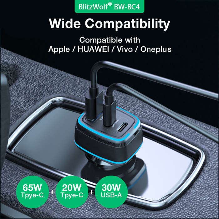Black - BlitzWolf BW-BC4 115W 3-Port USB PD Car Charger Adapter 2 USB-C+USB-A PD QC FCP AFC SCP Fast