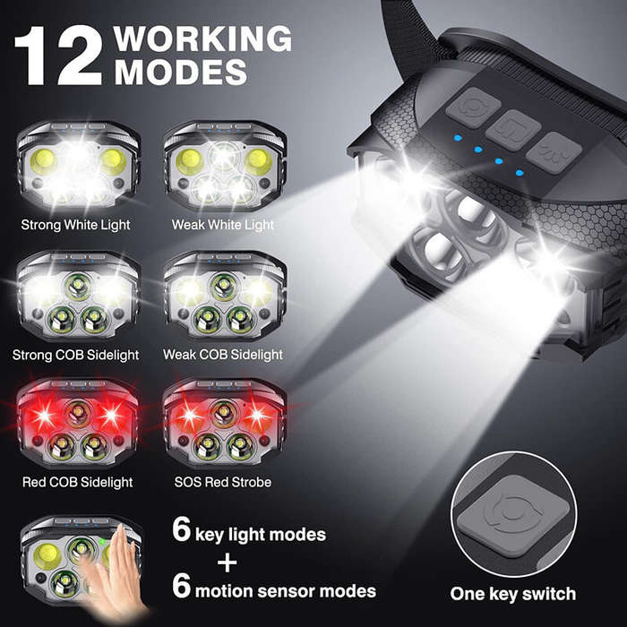 1pcs - 1200LM Super Bright Motion Sensor Headlamp Outdoor Waterproof Head Flashlight USB Charging He