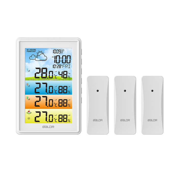Black - BALDR 3 Sensors Weather Station Wireless Indoor Outdoor Thermometer with Alarm Clock / Calen