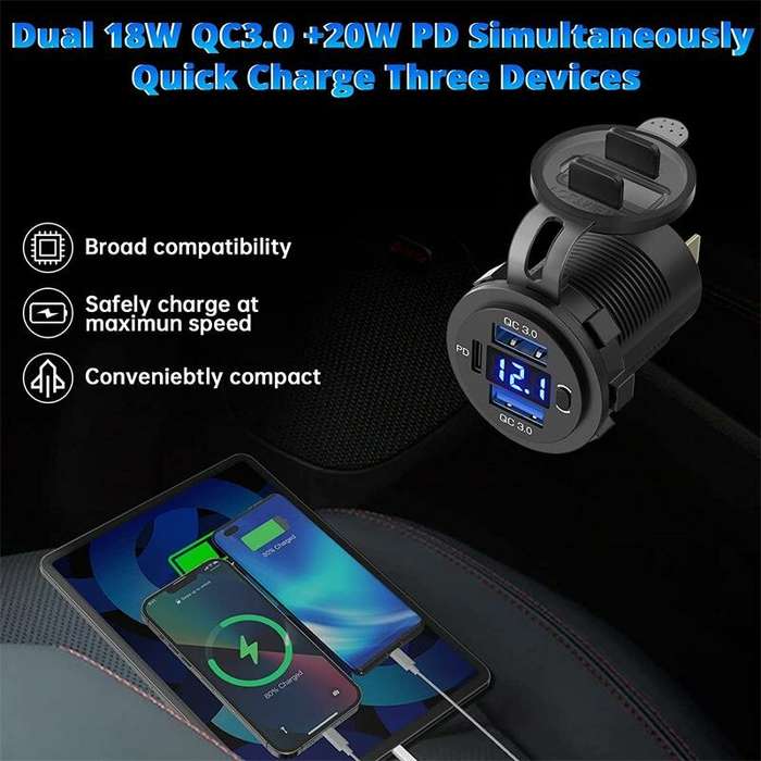 Blue Light - Three Port 12V/24V USB Charger Socket Dual 18W QC 3.0 & 20W PD USB-C For Car Motorcycle