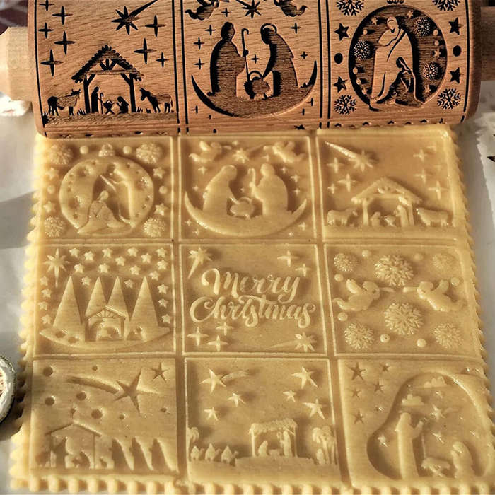 35 - Wooden Embossed Rolling Pin Nativity Pattern Xmas Christmas Wooden Engraved Embossing Rolling P