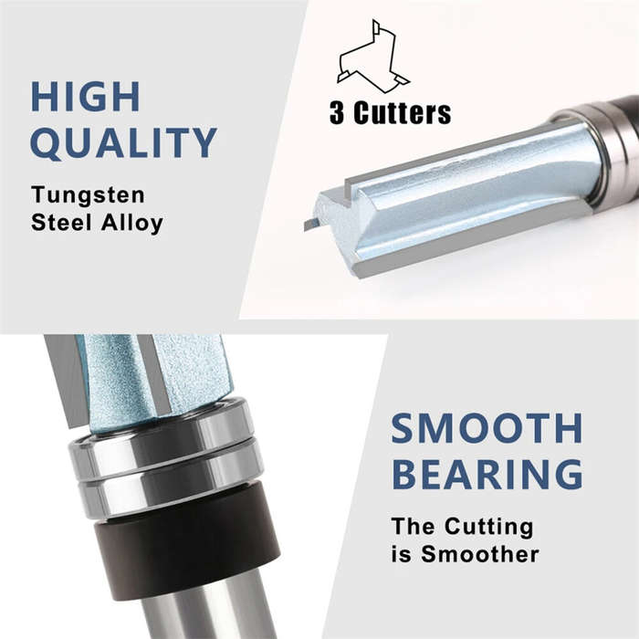 12mm Shank - 1/2 Inch 12mm Shank 3 Flutes Straight Cut Router Bit with Bearing Straight Grooving Bit