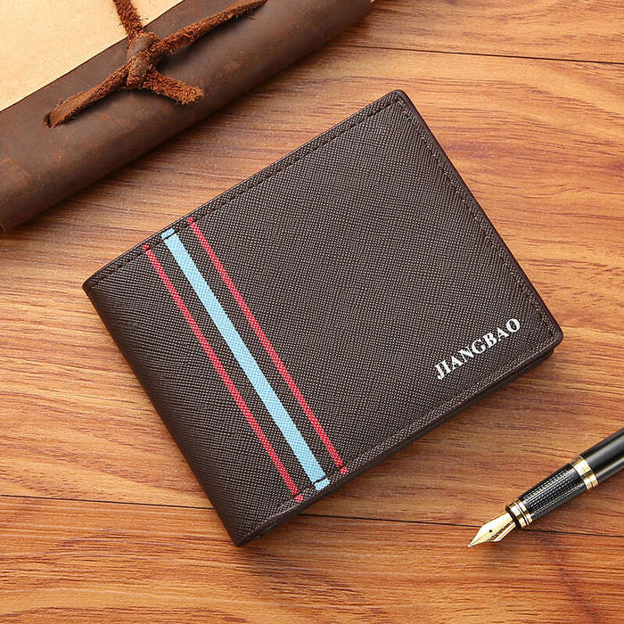 Coffee - Men's Short Thin Wallet Soft Leather Multi-Card Slots Coin Purse Cross Pattern Horizontal S