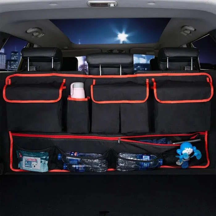 Red - Car Trunk Organizer Oxford Cloth Backrest Storage Bag Multi-functional Net Hanging Bag Car Sea