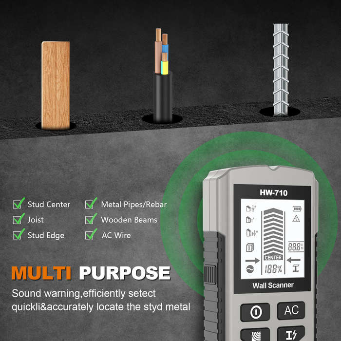White - New 6-in-1 HW-710 Wall Scanner Stud Finder Handheld Sensor with LCD Display Metal and AC Wir