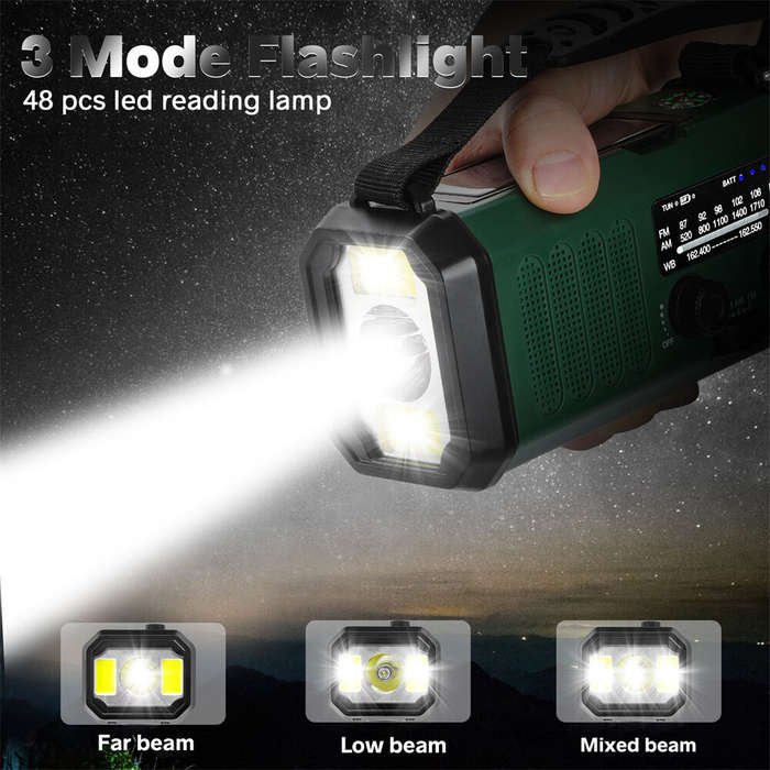 Green - Emergency Weather Crank Radio, Portable Camping Light, 10000mAh Battery/Hand Crank/Solar Pow