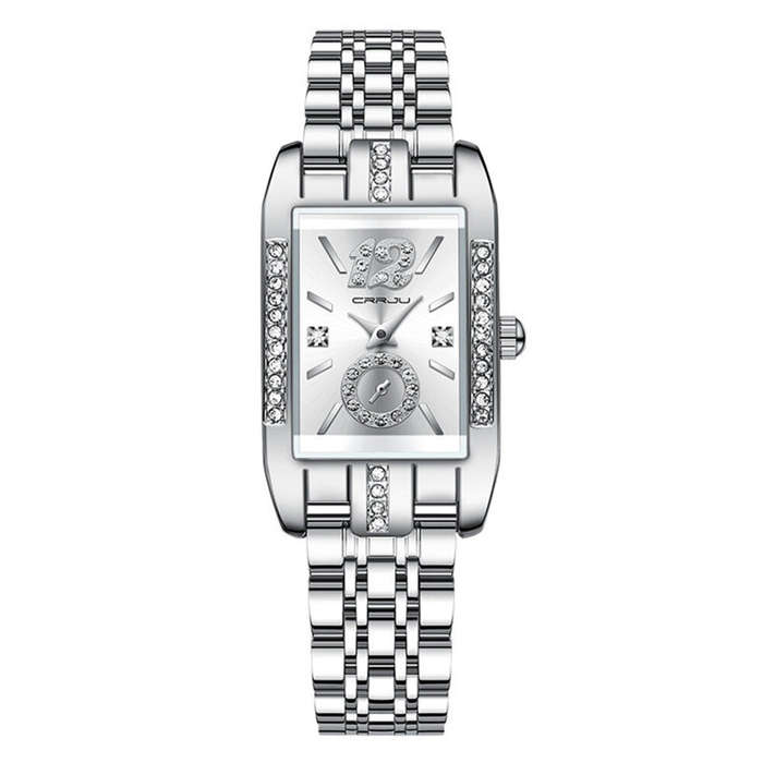 Red - CRRJU Women's Quartz Watch Elegant Rhinestone Rectangular Dial Waterproof Stainless Steel Stra