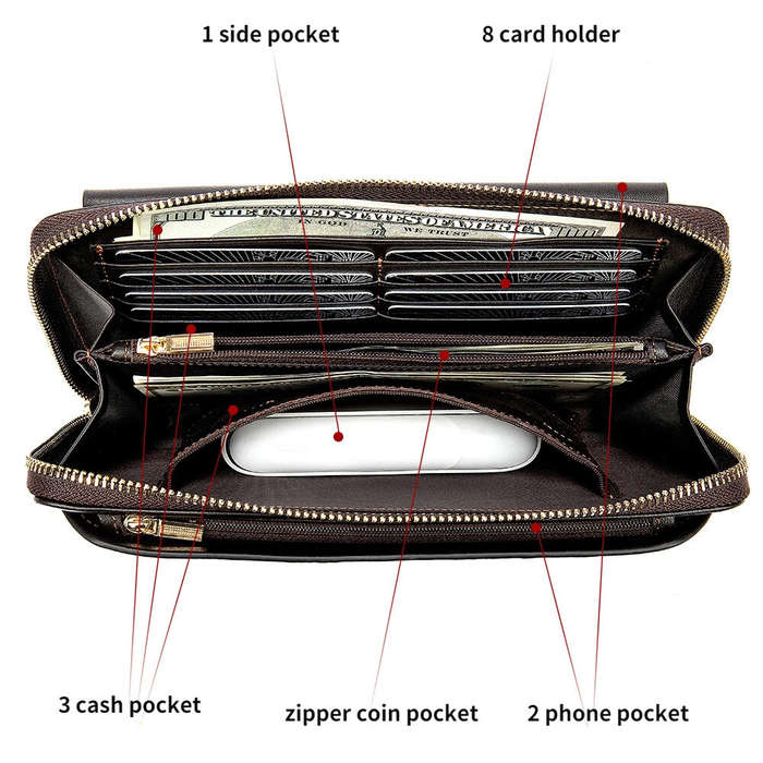 Black - Ekphero Genuine Leather Wallet Long Handbag Large Capacity Card Holder Money Clip Retro Clut
