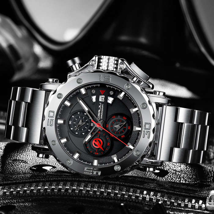 Blue - CRRJU Men's Quartz Chronograph Watch Stainless Steel Strap Waterproof Large Dial Luminous Spo