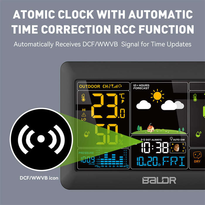 EU Plug - BALDR Wireless Weather Station 7.5" LCD Digital Humidity Temperature Meter Auto Alarm Cloc
