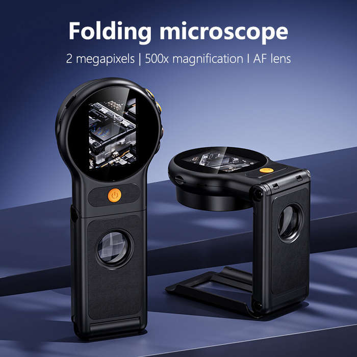 Black - Handheld Digital Microscope 500X Magnification Foldable 2MP Camera 2 Inch IPS Screen 8 LED A
