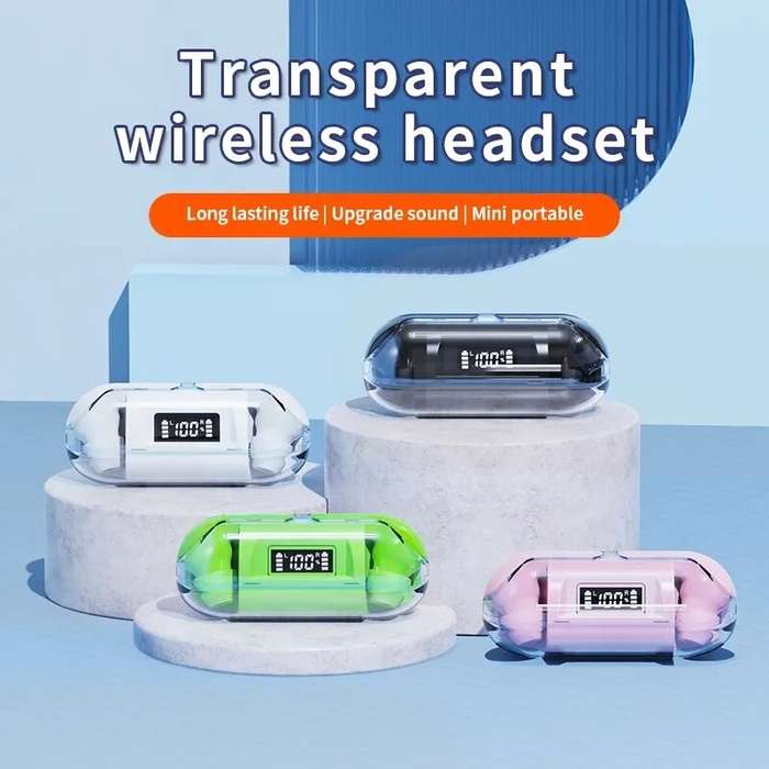 Black - T04 Transparent bluetooth Earphone Wireless Headphones LED Power Display Sports Music Headph