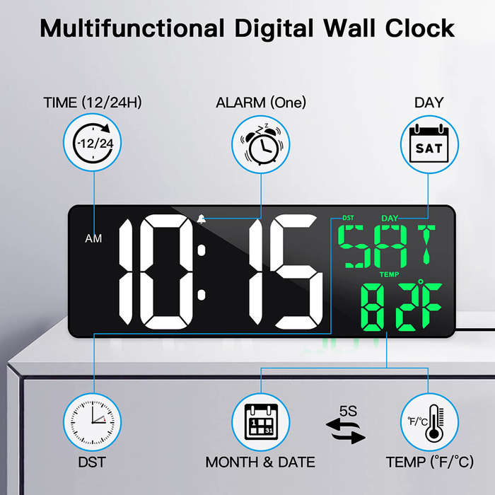 White Blue - 16.5 Inches LED Large Screen Digital Wall Clock with Remote Control USB Charge Dual Col