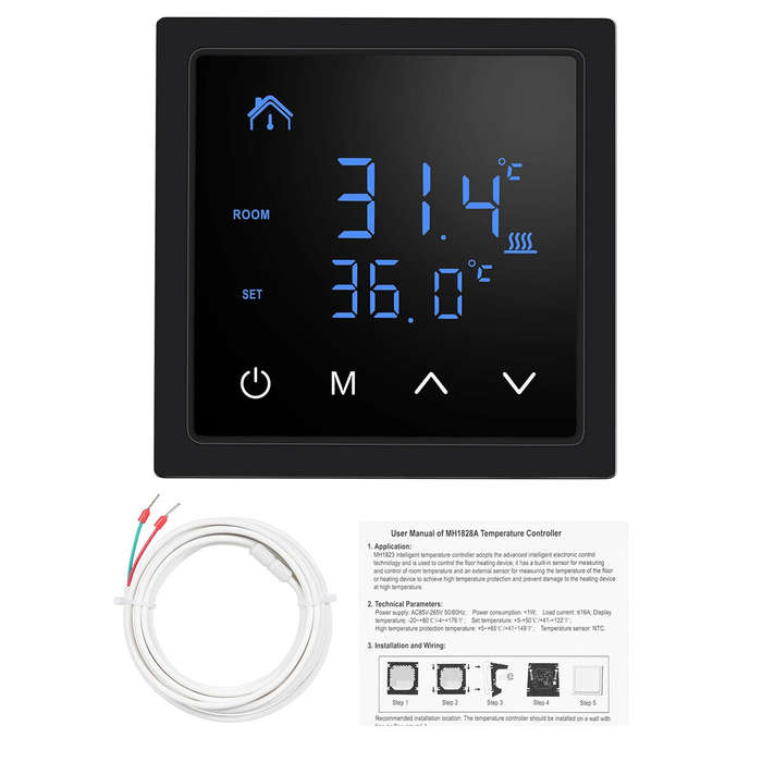Black - Intelligent Thermostat 16A Floor Heating Temperature Controller with LED Touch Screen 85-265