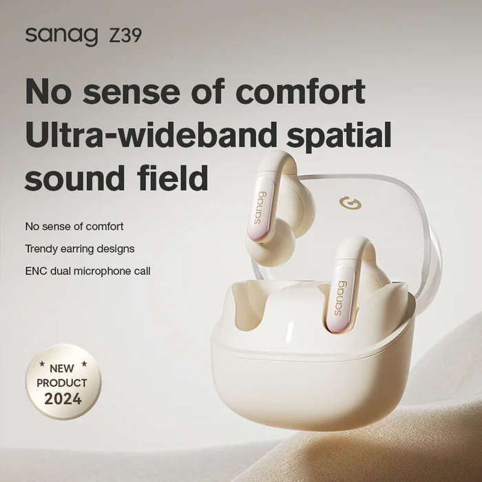 White - Sanag Z39 Ear-Clip bluetooth 5.3 Earbuds Wireless Earphone 3X Sound Field CD Lossless Sound