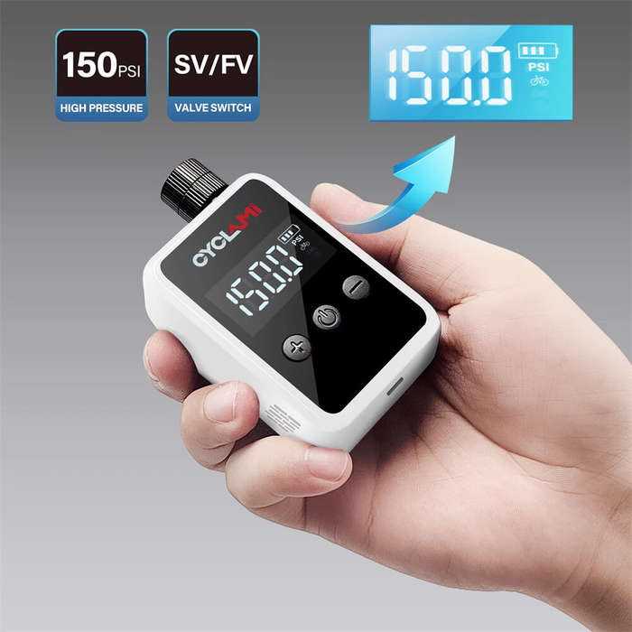 White - CYCLAMI 150PSI Portable Pocket Bike Electric Air Pump Digital Display MINI Fast Rechargeable