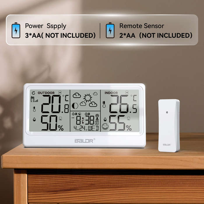 BALDR 8.5" LCD Screen Weather Station RCC Alarm Clock Digital Temperature Humidity Meter Weather For