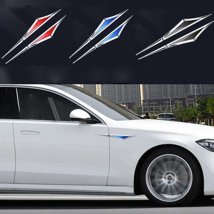 Black+Blue - 2pcs 3D Leaf Side Emblem Sticker Metal Alloy Car Stickers Side Emblem Badge Universal