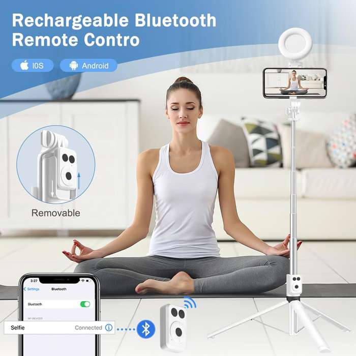 White - BT12 Selfie Stick Tripod with Filling Light Stainless Steel Phone Selfie Stick bluetooth Rem