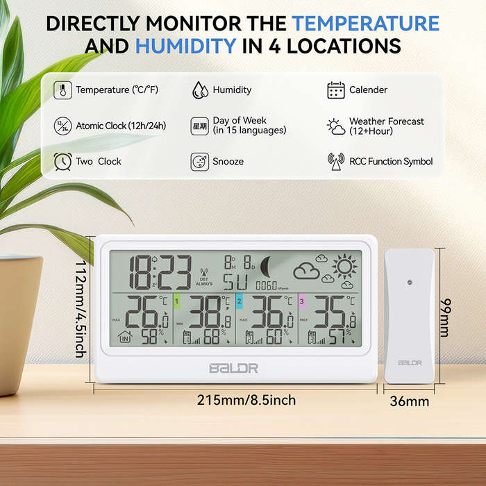 White - BALDR Large LCD Display Weather Station Thermometer Hygrometer Alarm Clock Large Screen Trip