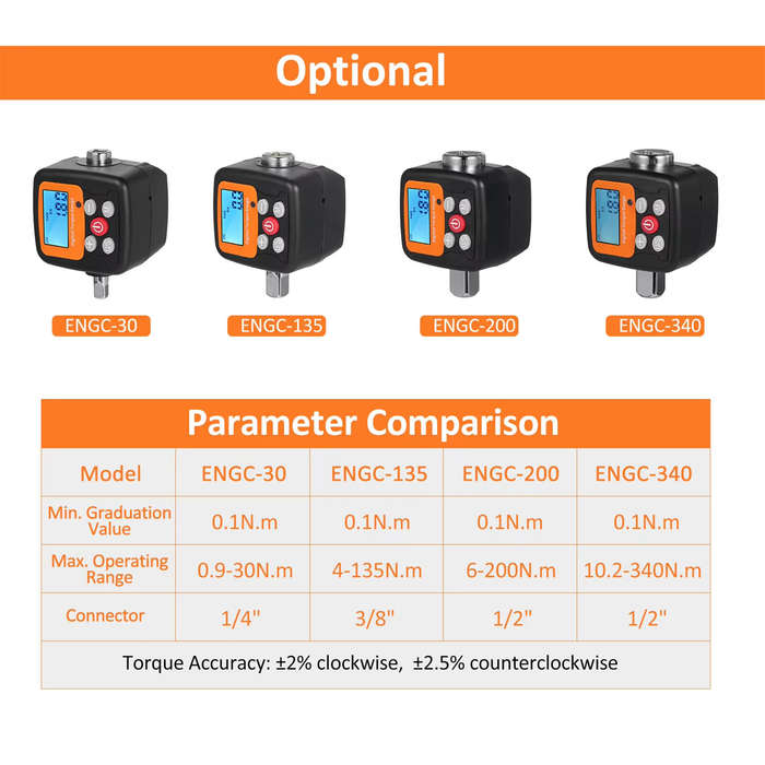 SNCG-200 - Digital Torque Meter 1/2'' to 1/4'' 1/2'' to 3/8'' Adapters High Accuracy 4 Torque Units