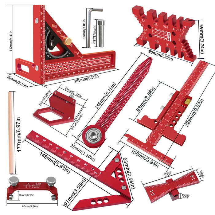 Red - 9Pcs Woodworking Square Kit Aluminum Alloy CNC Tools Multi Functional Ruler Set Center Finder