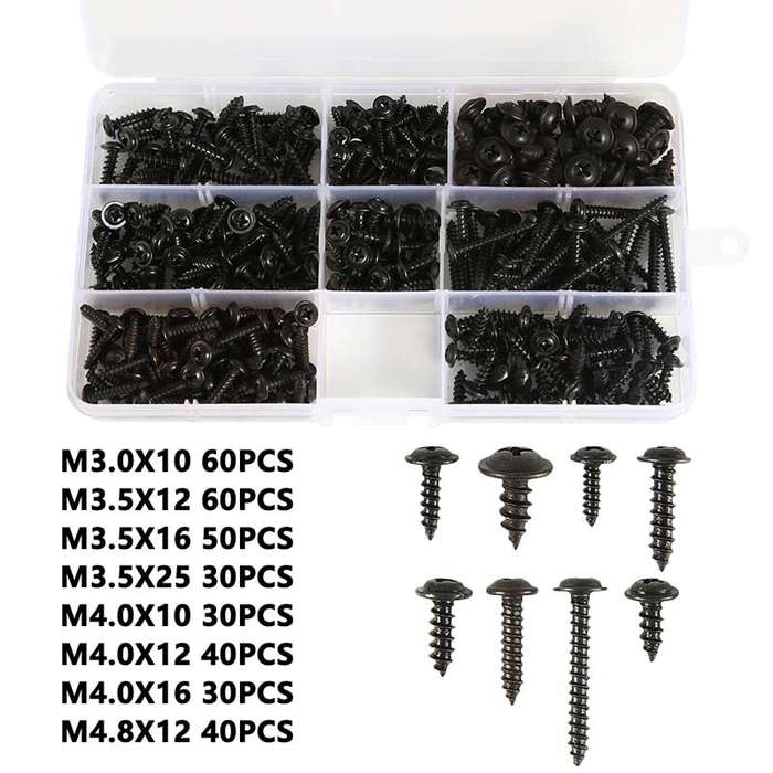 340Pcs Pan Head Tapping Screw Cross Head M3/M3.5/M4/M4.8 Self Tapping Screw Set Assortment Kit Black