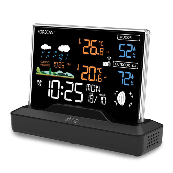 Black - Wireless Weather Station Indoor with Forecast Moon Phase Barometer Alarm 7 Buttons Backlight