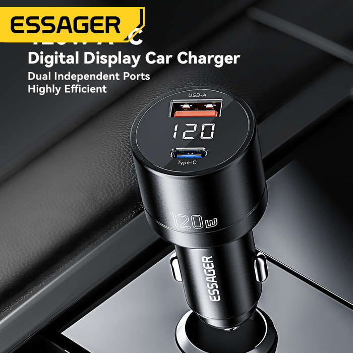 Black - ESSAGER FSJ-009 120W 2-Port USB PD Car Charger Adapter 18W USB QC3.0 100W USB-C PD Fast Char