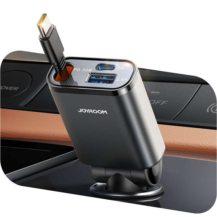 Black - Joyroom 45W 3-In-1 Retractable Cable Car Charger Car Fast Charging Charger Retractable Car C